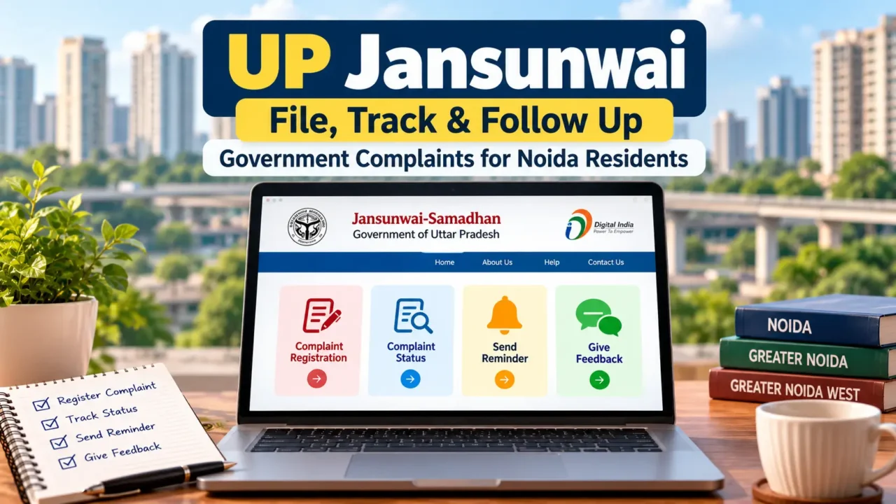 Illustrated UP Jansunwai complaint registration, tracking, reminders and feedback guide for Noida residents