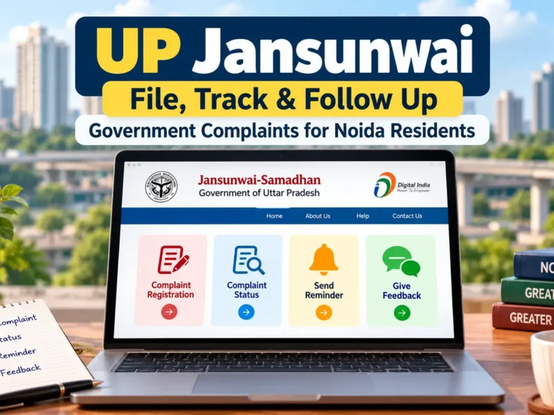 Illustrated UP Jansunwai complaint registration, tracking, reminders and feedback guide for Noida residents