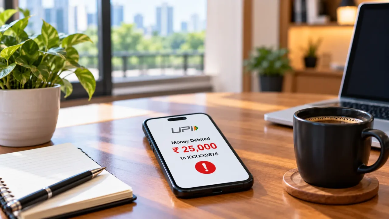 AI-generated illustration of a smartphone showing a ₹25,000 UPI debit alert on a desk, representing online payment fraud reporting in Noida.