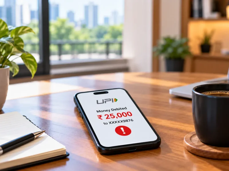 AI-generated illustration of a smartphone showing a ₹25,000 UPI debit alert on a desk, representing online payment fraud reporting in Noida.
