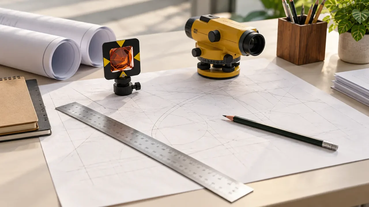 Survey equipment and drafting tools on a planning sheet, AI-generated representative illustration.