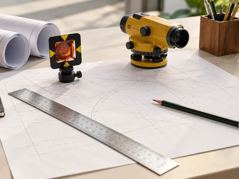 Survey equipment and drafting tools on a planning sheet, AI-generated representative illustration.